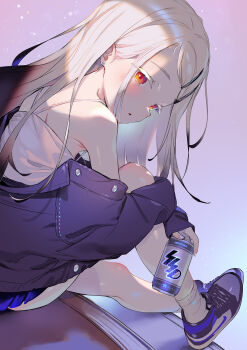 1girl air_jordan blonde_hair blue_shorts blush camisole can colored_eyelashes commentary earrings gakuen_idolmaster grey_jacket hair_ornament hairclip henreader highres holding holding_can idolmaster jacket jewelry light_particles long_hair looking_at_viewer looking_back nike_(company) off_shoulder red_eyes shinosawa_hiro shorts shoulder_blades sidelocks sitting solo white_camisole white_eyelashes