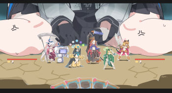 Rule 34 | 6+girls, absurdly long hair, absurdres, anger vein, aris (blue archive), black gloves, black hair, black skirt, blonde hair, blue archive, blue eyes, cape, cloak, commentary, cosplay, crossover, doodle sensei (blue archive), full body, game development department (blue archive), giant, giantess, gloves, green eyes, hair between eyes, health bar, highres, holding, holding scythe, holding sword, holding weapon, hood, hooded cloak, kei (amas) (blue archive), kei (blue archive), kei (new body) (blue archive), long hair, long hair between eyes, midori (blue archive), millennium science school logo, momoi (blue archive), multiple girls, nemo (leafnight), pink eyes, pink hair, pleated skirt, scythe, sensei (blue archive), sidelocks, sitting, skirt, slay the spire, slay the spire 2, sovereign blade, sword, the defect (slay the spire), the ironclad (slay the spire), the necrobinder (slay the spire), the regent (slay the spire), the silent (slay the spire), untranslatable commentary, very long hair, wariza, weapon, yuuka (blue archive), yuzu (blue archive)