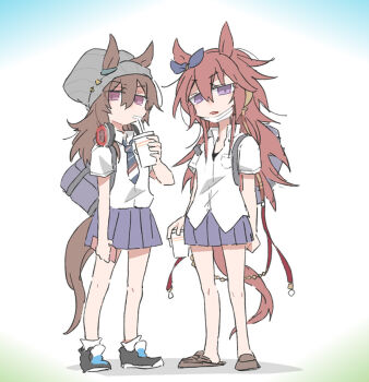 Rule 34 | 2girls, alternate costume, animal ears, bag, beanie, beer hsk, black shoes, blue ribbon, blue skirt, bow, brown hair, brown shoes, collared shirt, commentary request, cup, disposable cup, dress shirt, ear ribbon, ears through headwear, grey hat, hair between eyes, hat, headphones, headphones around neck, holding, holding cup, horse ears, horse girl, horse tail, long hair, mask, mask pull, mouth mask, multiple girls, nakayama festa (umamusume), necktie, orfevre (old design) (umamusume), parted lips, pleated skirt, purple eyes, ribbon, school bag, school uniform, shirt, shoes, short sleeves, skirt, socks, standing, tail, umamusume, very long hair, white shirt, white socks