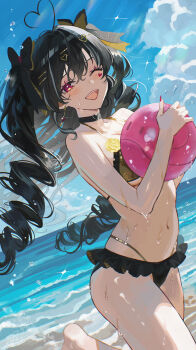 Rule 34 | 1girl, absurdres, black choker, black hair, blush, character request, choker, copyright request, hair between eyes, highres, long hair, looking at viewer, nanjo maya, navel, one eye closed, open mouth, purple eyes, purple nails, sidelocks, solo, stomach, twintails, wet