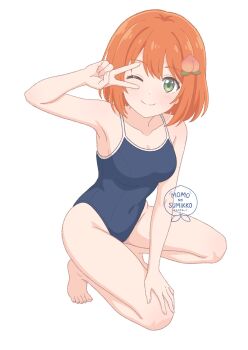 1girl artist_logo bare_arms bare_legs bare_shoulders barefoot blue_one-piece_swimsuit blush breasts closed_mouth collarbone commentary competition_school_swimsuit covered_navel food-themed_hair_ornament full_body green_eyes hair_ornament highres logo medium_breasts medium_hair momonosumikko one-piece_swimsuit one_eye_closed orange_hair original peach_hair_ornament school_swimsuit simple_background solo swimsuit untranslatable_commentary v v_over_eye white_background