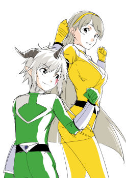 Rule 34 | 1boy, 1girl, aegiomon, angrynerd c, bodysuit, breasts, clenched hand, cowboy shot, digimon, digimon story: time stranger, facial mark, green bodysuit, grey hair, highres, horns, large breasts, long hair, mirai sentai timeranger, misono inori, pointy ears, short hair, simple background, skirt, super sentai, time green, time yellow, white background, yellow bodysuit, yellow skirt