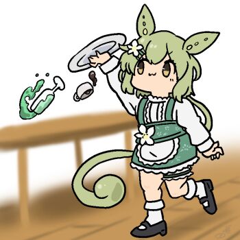 1girl :3 black_shoes blurry blurry_background champagne_flute closed_mouth coffee commentary_request cup drinking_glass failure flower frilled_thigh_strap full_body green_hair green_skirt hair_flower hair_ornament holding holding_tray kamemaru91 long_hair low_ponytail mary_janes no_sclera pea_pod ponytail shirt shoes skirt smile socks solo spilling suspender_skirt suspenders table teacup thigh_strap tray voiceroid voicevox waitress waitress_zundamon walking white_flower white_shirt white_socks yellow_eyes zundamon