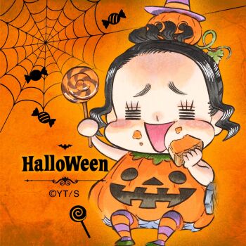 1girl black_clover black_hair candy charmy_pappitson cheek_bulge chibi closed_eyes commentary_request eating english_text food halloween halloween_costume holding holding_candy holding_food holding_lollipop jack-o'-lantern lollipop official_alternate_costume official_art orange_background silk solo spider_web tabata_yuuki