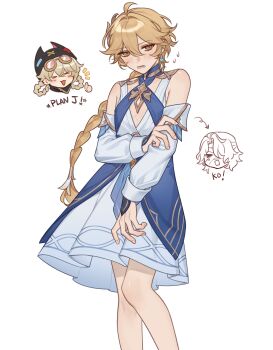 >_< 1girl 2boys absurdres aether_(genshin_impact) ahoge arrow_(symbol) bandage_on_face bandage_over_one_eye bandaged_head bandages bare_shoulders black_hat blonde_hair blue_dress blush braid brown_eyes closed_eyes clothing_cutout commentary cosplay cowboy_shot crossdressing crossdressing_(mtf) crossed_bangs detached_sleeves dress earrings english_commentary english_text fingernails flying_sweatdrops genshin_impact goggles goggles_on_head hair_between_eyes hair_ornament hair_ribbon hair_rings hair_tubes half-closed_eyes hand_on_own_arm hand_up hat hat_with_ears head_only highres jahoda_(genshin_impact) jewelry laurel_crown long_hair long_sleeves looking_at_viewer low-braided_long_hair low-tied_long_hair male_focus multiple_boys notice_lines open_mouth pink-tinted_eyewear puffy_detached_sleeves puffy_long_sleeves puffy_sleeves rerir_(genshin_impact) ribbon round_eyewear short_hair simple_background single_braid single_earring single_hair_tube sleeveless sleeveless_dress smile solo_focus standing suspicious_dish teeth tholindis_(genshin_impact) tholindis_(genshin_impact)_(cosplay) thumbs_up tinted_eyewear twin_braids two-tone_dress white_background white_dress white_ribbon white_sleeves yellow-framed_eyewear