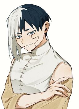 0a_9_(pixiv82791714) 1boy asagiri_gen asymmetrical_hair black_eyes black_hair blue_eyes dr._stone grey_eyes grin looking_at_viewer male_focus multicolored_hair shawl shirt short_hair simple_background sleeveless smile solo split-color_hair two-tone_hair upper_body white_background white_hair white_shirt