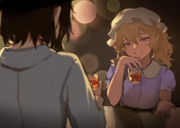 Rule 34 | 2girls, alcohol, aliaos, black hair, blonde hair, blue eyes, blurry, blurry background, cup, dress, frilled sleeves, frills, hat, highres, holding, holding cup, looking at another, maribel hearn, mob cap, multiple girls, purple dress, shirt, sitting, smile, touhou, usami renko, white hat, white shirt