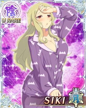 1girl animal_print bat_print blonde_hair blush border breasts card_(medium) character_name cleavage game_cg hand_on_own_forehead large_breasts long_hair messy_hair middle_part mole mole_under_mouth official_art pajamas parted_bangs purple_background purple_pajamas red_eyes senran_kagura senran_kagura_new_wave shiki_(senran_kagura) shirt_hold sick solo third-party_source