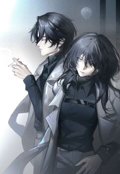 1boy 1girl absurdres blue_hair chest_strap chief_(path_to_nowhere) cigarette closed_eyes coat dress_shirt earrings female_chief_(path_to_nowhere) grey_coat grey_eyes highres holding holding_cigarette jewelry kong_tiao_bo_zi long_coat long_hair male_chief_(path_to_nowhere) moon path_to_nowhere shirt short_hair signature single_earring smoke smoking turtleneck