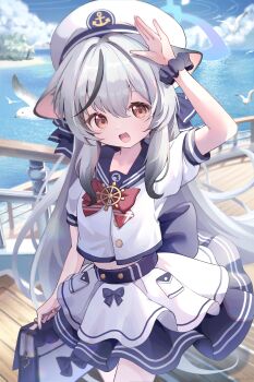 1girl absurdres anchor_symbol animal_ears bag beach bird blue_archive blue_hairband blue_halo blue_ribbon blue_skirt blue_sky boat bracelet buttons cloud cloudy_sky commentary dolphin grey_hair hairband halo hat highres holding holding_bag jewelry kokona_(blue_archive) long_hair navel ocean open_mouth palm_tree pocket red_eyes red_ribbon ribbon sailor_collar sailor_hat school_uniform seagull serafuku ship_deck shirt short_sleeves skirt sky solo stairs tomo_(tomosa011326) tree twintails water watercraft white_hat white_serafuku white_shirt zipper