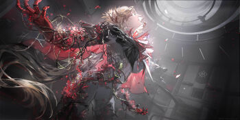 Rule 34 | 1girl, absurdres, blonde hair, character request, check character, chinese commentary, closed eyes, commentary request, dalanxia, flower, game cg, girls' frontline, girls' frontline 2: exilium, highres, indoors, long hair, looking up, official art, plant, prosthesis, prosthetic arm, red flower, solo, ullrid (girls' frontline 2), vines
