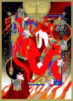 1boy armlet armor base_serpent_messmer bat_wings border colored_skin elden_ring elden_ring:_shadow_of_the_erdtree erdtree_(elden_ring) fire from_side gold_armlet gold_border hashtag-only_commentary helmet highres jewelry lamia medium_hair messmer_the_impaler mirror monster_girl ornate ornate_armor potion red_hair red_robe red_snake robe single_vambrace snake solo sososos78534150 vambraces white_skin winged_helmet wings