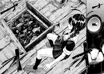 abyssal_ship ahoge black_hair close-up comic greyscale hatch highres kantai_collection masukuza_j monochrome monster rain school_uniform serafuku shigure_(kancolle) short_sleeves skirt surprised thighs two-page_spread wet wet_clothes