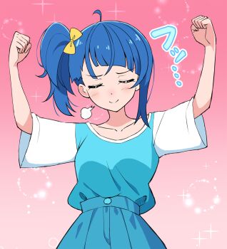 1girl ahoge arms_up blue_hair blue_shirt blue_skirt bow clenched_hand clenched_hands closed_eyes closed_mouth collarbone colombia_pose_(meme) commentary facing_viewer gradient_background hair_bow highres hirogaru_sky!_precure kaatsu_katsurou light_particles medium_hair meme pink_background precure puff_of_air raglan_sleeves shirt short_sleeves side_ponytail single_sidelock skirt smile solo sora_harewataru sparkle t-shirt translated yellow_bow