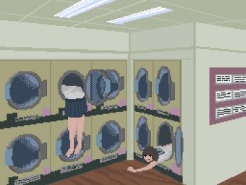 1girl animated animated_gif barefoot blue_sailor_collar blue_skirt brown_hair dongq laundromat lower_body original pixel_art pleated_skirt portal_(object) sailor_collar school_uniform shirt skirt stuck upper_body washing_machine waving_legs white_shirt