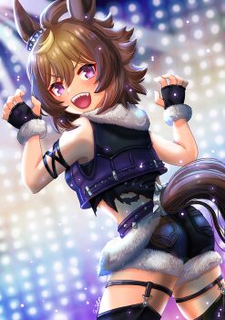 1girl ahoge animal_ears ass belt black_gloves black_shirt black_shorts black_thighhighs blurry blurry_background brown_hair claw_pose clothing_cutout commentary_request cowboy_shot cropped_jacket denim denim_shorts ear_ornament fingerless_gloves fur-trimmed_gloves fur-trimmed_jacket fur-trimmed_shorts fur_trim garter_straps gloves hair_between_eyes highres horse_ears horse_girl horse_tail jacket looking_at_viewer looking_back messy_hair multicolored_hair open_clothes open_jacket open_mouth otono_(bkt4b) purple_belt purple_eyes sharp_teeth shinko_windy_(umamusume) shirt short_hair shorts signature sleeveless sleeveless_jacket smile solo stage standing streaked_hair tail tail_through_clothes teeth thigh_strap thighhighs thighs umamusume upper_teeth_only v-shaped_eyebrows white_hair