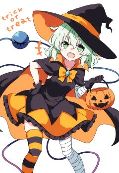 +++ 1girl absurdres alternate_costume bandaged_arm bandaged_leg bandages basket black_cape black_dress black_gloves black_hat black_thighhighs bow bowtie cape commentary_request dress english_text eyeball fang gloves green_eyes green_hair halloween halloween_costume hat highres holding holding_basket jack-o&#039;-lantern komeiji_koishi leaning_forward long_hair looking_at_viewer open_mouth orange_bow orange_bowtie orange_cape orange_thighhighs pioartstuff simple_background single_thighhigh skin_fang smile solo striped_clothes striped_thighhighs thighhighs third_eye touhou trick_or_treat two-sided_cape two-sided_fabric two-tone_thighhighs white_background witch_hat