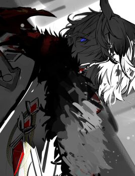 Rule 34 | 1boy, 1yuki 00, blue eyes, earrings, fatui coat, fur trim, genshin impact, gloves, greyscale, highres, holding, holding mask, jewelry, looking back, mask, monochrome, solo, solo focus, tartaglia (genshin impact)