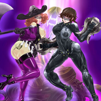 ass blunt_bangs body_modification bodysuit braid breasts breasts_out brown_eyes brown_hair corruption crown_braid damu_otoko dark_persona high_heels highres long_sleeves looking_at_viewer mask medium_breasts metal_mask niijima_makoto nipples okumura_haru persona persona_5 phallic_symbol red_eyes short_hair smile thick_thighs thighs