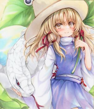Rule 34 | 1girl, 2424yume, blonde hair, blush, brown hat, closed mouth, commentary, hair ribbon, hat, highres, holding, holding leaf, leaf, long hair, long sleeves, looking at viewer, marker (medium), mishaguji, moriya suwako, purple skirt, purple vest, red ribbon, ribbon, skirt, skirt set, smile, snake, touhou, traditional media, vest, white snake, wide sleeves, yellow eyes