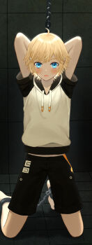 Rule 34 | 1boy, ahoge, ankle cuffs, aotu world, arms behind back, arms behind head, arms up, barefoot, black shorts, blonde hair, blue eyes, blush, bound, chain, commentary, drawstring, full body, highres, hood, hood down, hoodie, king (aotu world), kneeling, looking at viewer, male focus, midriff peek, multicolored hoodie, open mouth, pointy ears, restrained, short hair, short sleeves, shorts, solo, sweat, tile floor, tile wall, tiles, untranslatable commentary, velvet11, white hoodie