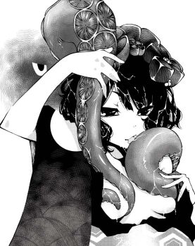 1girl breasts commentary_request fate/grand_order fate_(series) japanese_clothes katsushika_hokusai_(fate) kimono kuromasa_shisei licking looking_at_viewer octopus sexually_suggestive short_hair small_breasts suction_cups tentacles tongue tongue_out toto-sama_(fate) upper_body