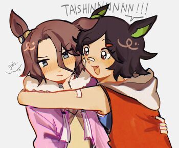 2girls animal_ears bandaid bandaid_on_arm bandaid_on_cheek bandaid_on_face black_hair blue_eyes blush breasts brown_hair closed_mouth english_text fang fur-trimmed_jacket fur_trim hair_between_eyes hair_ornament hairclip highres hood hoodie horse_ears horse_girl hug jacket long_sleeves multiple_girls narita_taishin_(nevertheless)_(umamusume) narita_taishin_(umamusume) open_mouth pink_jacket red_hoodie red_jacket shirt short_hair sleeveless sleeveless_jacket smile speech_bubble umamusume upper_body winning_ticket_(get_to_winning!)_(umamusume) winning_ticket_(umamusume) wuzeio yellow_shirt