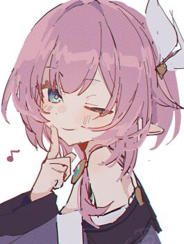 1girl absurdres bare_shoulders blue_eyes breasts coat cyrene_(aedes_elysiae)_(honkai:_star_rail) cyrene_(honkai:_star_rail) dress hair_ornament hashtag-only_commentary highres hinay_2 honkai:_star_rail honkai_(series) jewelry looking_at_viewer necklace pink_hair pointy_ears purple_coat simple_background small_breasts solo upper_body white_background white_dress