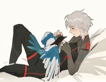 1girl ariane_yeong closed_mouth commentary elbow_rest english_commentary grey_hair highres knee_up lying magpie on_back runhorserun short_hair sidelocks signalis smile solo