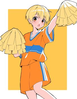 1boy arm_up blonde_hair border cheerleader hair_between_eyes hashtag-only_commentary highres holding holding_pom_poms kai_(shell) looking_at_viewer male_focus open_mouth orange_eyes orange_shirt orange_shorts pom_pom_(cheerleading) pom_poms root_(stpri) shirt short_hair short_sleeves shorts solo strawberry_prince two-tone_shirt two-tone_shorts white_border