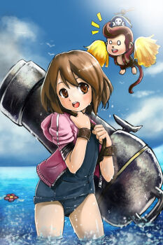 00s 1girl :d ^^^ brown_eyes brown_hair cannon cannoneer_(maplestory) child hat highres hirasawa_yui jacket k-on! maplestory monkey one-piece_swimsuit open_mouth pirate_hat propeller robert_knight round_teeth school_swimsuit short_hair smile soaking_feet swimsuit teeth wading water