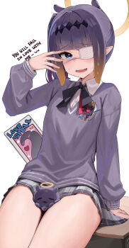 Rule 34 | 1girl, absurdres, black hair, blue eyes, blunt bangs, blush, breasts, collared shirt, commentary request, eyepatch, flat chest, grey skirt, grey sweater, halo, hand up, highres, hololive, long sleeves, medical eyepatch, medium hair, mole, mole under eye, ninomae ina'nis, open mouth, pleated skirt, pointy ears, raised inner eyebrows, shirt, sidelocks, sitting, skai kun, skirt, small breasts, sweat, sweater, takodachi (ninomae ina'nis), tentacle hair, thighs, virtual youtuber, white shirt
