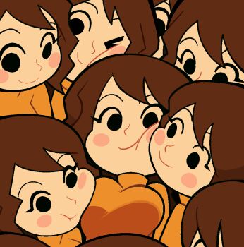 6+girls :> black_eyes blush blush_stickers breasts brown_hair cheek-to-cheek cheek_press chibi clone closed_mouth commentary dress dummy_girl_(mii) everyone happy heads_together large_breasts long_hair looking_at_viewer medium_hair mii_(nintendo) mob_face multiple_girls nintendo one_eye_closed orange_dress orange_shirt orange_sweater scott_falco shirt smile sun sweater turtleneck