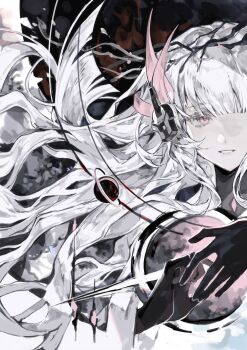 Rule 34 | 1girl, abstract, absurdres, black hands, black hole, blunt bangs, branch, colored extremities, floating hair, gravitational lens, headgear, highres, liv: eclipse (pgr), liv (pgr), looking to the side, one eye covered, parted lips, pink eyes, planet, punishing: gray raven, solo, straight-on, upper body, white hair, zhouliang48183