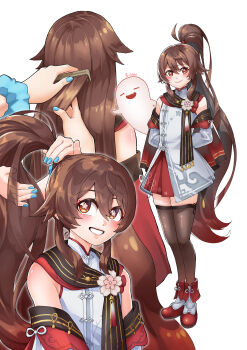 absurdres alternate_hairstyle asuna_(blue_archive) blue_archive blue_nails blue_scrunchie boo_tao_(genshin_impact) brown_thighhighs brushing_another&#039;s_hair brushing_hair chinese_clothes flower-shaped_pupils genshin_impact ghost highres hu_tao_(cherries_snow-laden)_(genshin_impact) hu_tao_(genshin_impact) official_alternate_costume red_skirt scrunchie skirt symbol-shaped_pupils thighhighs tying_another&#039;s_hair you_nf