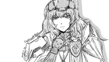 1girl cloak closed_mouth commentary_request dated expressionless goddess_of_victory:_nikke greyscale hair_between_eyes hand_up long_hair mechanical_arms monochrome rein_sideattack single_mechanical_arm snow_white_(nikke) solo upper_body visor_(armor) visor_lift
