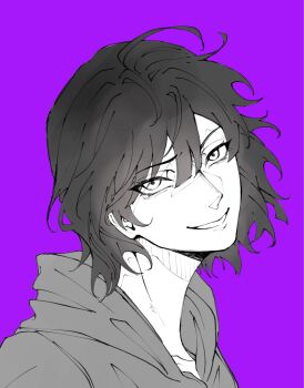 black_hair blunt_bangs bob_cut evil_grin evil_smile furrowed_brow greyscale_with_colored_background grin hair_between_eyes han_sooyoung hashtag-only_commentary head_tilt highres hood hood_down hoodie looking_at_viewer naasmcuti2217 omniscient_reader&#039;s_viewpoint portrait short_hair smile solo