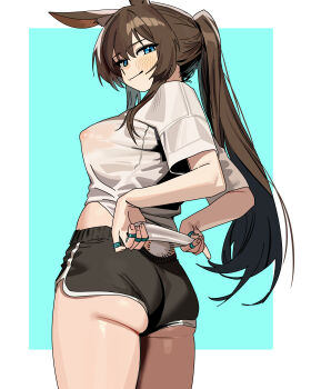 1girl absurdres amiya_(arknights) animal_ears arknights ass brown_hair commentary covered_erect_nipples dolphin_shorts from_behind highres jewelry long_hair looking_at_viewer looking_back multiple_rings ponytail rabbit_ears rabbit_girl rabbit_tail ring ruppu shorts smile solo tail thumb_ring white_background