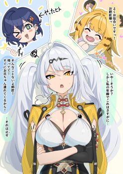 >_o 3girls absurdres ahoge alternate_hairstyle animal_ear_fluff animal_ears arrow_(symbol) asymmetrical_gloves belle_(zenless_zone_zero) black_gloves black_unitard blue_hair blush breasts cleavage closed_eyes colored_inner_hair colored_speech_bubble commentary_request crossed_arms crossed_bangs earclip earrings elbow_gloves fingerless_gloves gloves green_eyes hair_between_eyes hair_ornament hairpin heart heart_in_mouth highres jacket jewelry ju_fufu large_breasts long_hair mole mole_on_breast motion_lines multicolored_hair multiple_girls one_eye_closed open_mouth short_hair single_elbow_glove single_hair_intake speech_bubble squiggle striped_fur striped_hair sweatdrop thumbs_up tiger_ears tiger_girl tiger_stripes translation_request twintails uneven_gloves user_hsnm5448 white_hair yellow_eyes yellow_jacket yin_yang_pin yixuan_(zenless_zone_zero) zenless_zone_zero