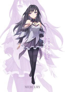 1girl absurdres akemi_homura akemi_homura_(magical_girl) bare_shoulders black_hair black_hairband commentary commission detached_collar english_commentary full_body grey_shirt hairband highres long_hair looking_at_viewer magical_girl mahou_shoujo_madoka_magica mahou_shoujo_madoka_magica_(anime) mercury_jc miniskirt purple_eyes purple_skirt shirt skirt standing very_long_hair zoom_layer