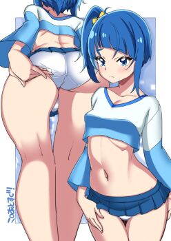 1girl adjusting_clothes adjusting_panties asortofcolorfag ass blue_eyes blue_hair blue_shirt blue_skirt blush breasts calves closed_mouth colorized cropped_shirt from_behind from_below highres miyagoe_yoshitsuki multiple_views navel panties precure shirt short_hair side_ponytail skirt small_breasts sora_harewataru stomach two-tone_shirt underwear white_panties white_shirt