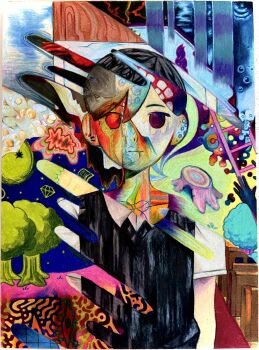 1boy baikinnigou black_eyes black_hair black_sweater_vest black_tank_top closed_mouth collared_shirt colored_skin commentary_request double-parted_bangs dual_persona expressionless hair_between_eyes highres ladder looking_at_viewer omori omori_(omori) shirt short_hair short_sleeves something_(omori) sunny_(omori) sweater_vest tank_top traditional_media tree tree_stump upper_body white_shirt white_skin