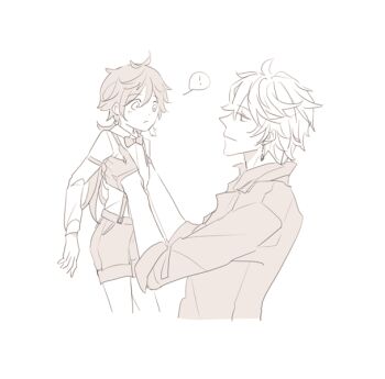 Rule 34 | !, 004s 4, 2boys, aged down, alternate costume, genshin impact, greyscale, holding child, holding person, image sample, monochrome, multiple boys, pixiv, pixiv sample, speech bubble, suspenders, tartaglia (genshin impact), white background, zhongli (genshin impact)