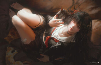 1girl absurdres artist_name bare_legs barefoot black_cat black_hair black_serafuku black_shirt black_skirt cat chisa_(wuthering_waves) closed_mouth commentary crop_top english_commentary feet from_above hair_ribbon highres knees_up legs legs_together long_hair looking_at_viewer looking_up neckerchief red_eyes red_neckerchief red_ribbon ribbon sailor_collar school_uniform serafuku shirt sitting skirt solo thigh_strap thighs toes ui_uiiiiiiiii white_sailor_collar wuthering_waves