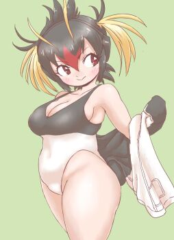 black_hair blonde_hair blush breasts commentary_request curvy hair_between_eyes hair_over_one_eye headphones hood hoodie kemono_friends leotard long_hair maki_(02uh14l1b740ao2) medium_breasts multicolored_hair multicolored_leotard open_mouth red_eyes red_hair removing_jacket rockhopper_penguin_(kemono_friends) short_hair smile tail twintails two-tone_leotard