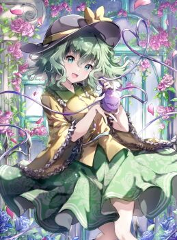 1girl :d black_hat blouse blue_flower blue_rose bow buttons collared_shirt column contrast_collar cowboy_shot diamond_button falling_petals floral_print floral_print_skirt flower frilled_shirt_collar frilled_sleeves frills green_eyes green_hair green_skirt hat hat_bow head_tilt heart heart_of_string highres holding koishi_day komeiji_koishi leaf light_blush long_sleeves looking_at_viewer medium_hair nanop38 open_mouth petals pillar pink_flower pink_petals pink_rose plant print_skirt rose rose_petals rose_print shirt skirt smile third_eye touhou vines wide_sleeves window yellow_bow yellow_shirt