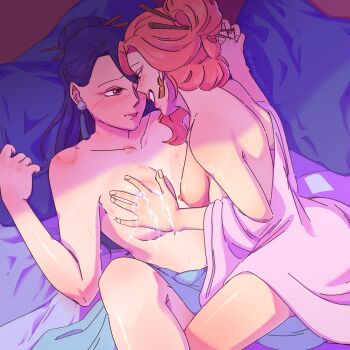 bed_sheet bite_mark blue_hair blush breasts earrings grin groping gyokuyou_(kusuriya_no_hitorigoto) hair_ornament hair_stick highres holding_hands jewelry kusuriya_no_hitorigoto lactation large_breasts lihua_(kusuriya_no_hitorigoto) medium_breasts nipples pillow pink_eyes pink_hair smile yuri