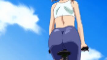 1boy androgynous animated animated_gif anime_screenshot ass ass_focus ass_shake bicycle bike_shorts blonde_hair boku_no_pico crop_top from_behind highres jiggle pico_(boku_no_pico) short_hair shota skin_tight trap
