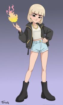 1girl black_eyes blonde_hair blunt_bangs boots breasts earrings fire full_body gradient_background hand_on_own_hip highres index_finger_raised jacket jentry_chau jentry_chau_vs_the_underworld jewelry long_sleeves looking_at_viewer necklace purple_background pyrokinesis shirt short_hair shorts signature small_breasts smile standing thefreshknight1 white_shirt