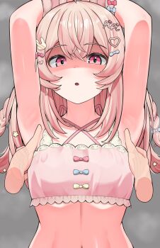 1girl 1other absurdres armpits arms_up bare_shoulders braid breasts commentary crop_top disembodied_hand disgust english_commentary grey_background hair_ornament heart heart_hair_ornament highres long_hair looking_at_viewer nobarts paid_reward_available parted_lips phase_connect pink_eyes pink_hair pink_tank_top pipkin_pippa pipkin_pippa_(1st_costume) rabbit_hair_ornament shaded_face simple_background small_breasts solo_focus tank_top text_hair_ornament textless_version twin_braids upper_body variant_set virtual_youtuber